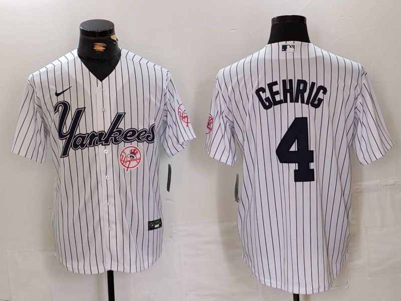Men New York Yankees #4 Gehrig White stripe Three generations of joint names Nike 2024 MLB Jersey style 3->new york yankees->MLB Jersey